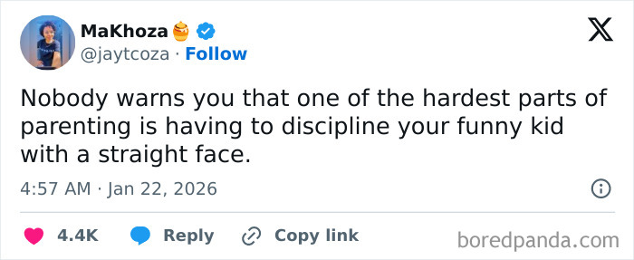 Tweet by MaKhoza about the funny and unintentionally comedic moments of parenting, focusing on disciplining kids.