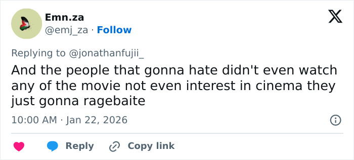 Twitter user reacting to the release of the 2026 Oscar nominations, discussing movie and cinema interest online.