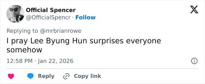 Tweet from Official Spencer expressing hope Lee Byung Hun surprises everyone in the context of Academy 2026 Oscar nominations.
