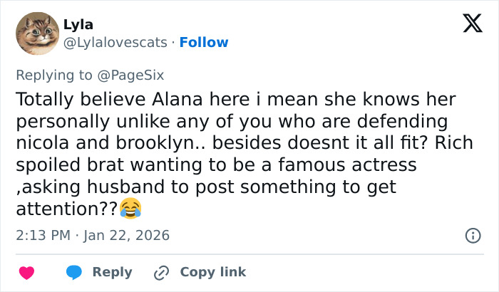 Tweet criticizing actress from sister of Nicola Peltz’s ex following Brooklyn Beckham’s scathing rant about the family. Tweet criticizing actress from sister of Nicola Peltz’s ex following Brooklyn Beckham’s scathing rant about the family.