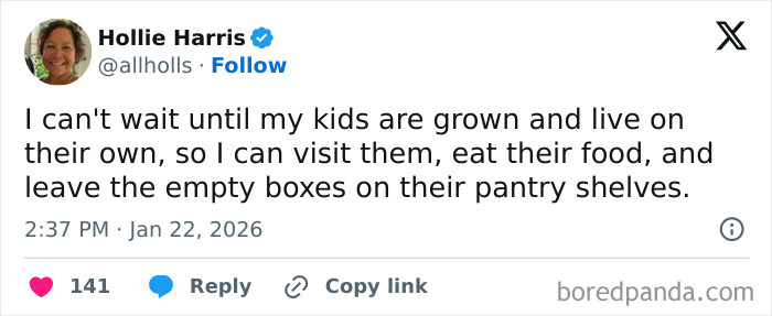 Tweet by Hollie Harris humorously highlighting unintentionally comedic moments of parenting about grown kids and empty pantry shelves.