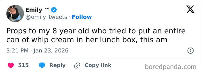 Tweet by Emily sharing a funny parenting moment, illustrating one of the internet’s funniest posts this January.