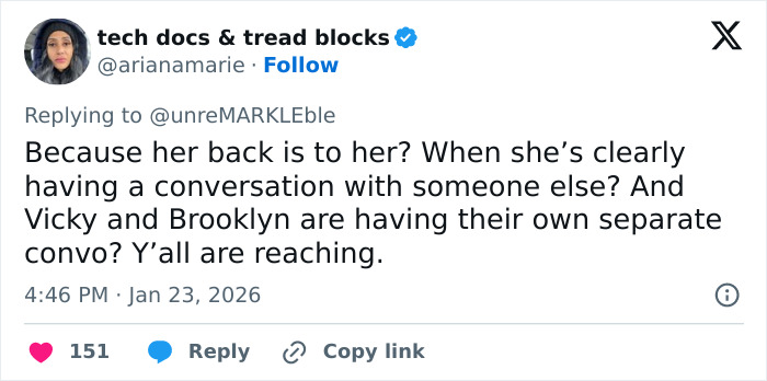 Screenshot of a Twitter reply discussing the tense exchange and feud between Victoria Beckham and Nicola Peltz. Screenshot of a Twitter reply discussing the tense exchange and feud between Victoria Beckham and Nicola Peltz.
