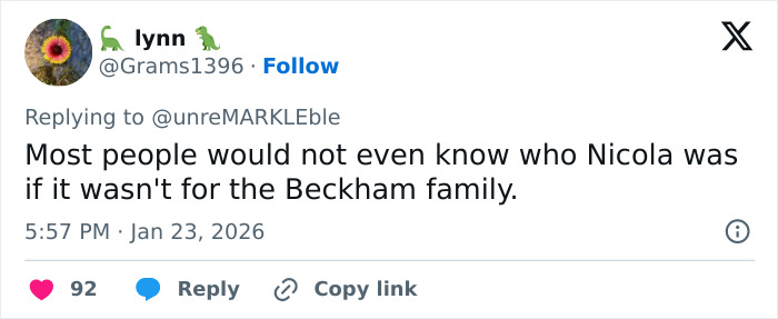 Social media user commenting on Nicola Peltz and Victoria Beckham feud, highlighting tense exchange and viral reaction.