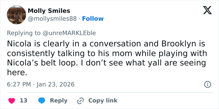 Tweet text discussing Nicola Peltz and Brooklyn in a conversation amid tense exchange and viral feud with Victoria Beckham. Tweet text discussing Nicola Peltz and Brooklyn in a conversation amid tense exchange and viral feud with Victoria Beckham.