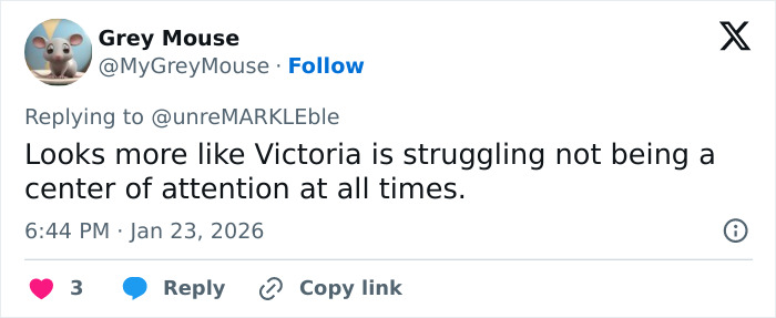 Tweet by Grey Mouse discussing Victoria Beckham and Nicola Peltz tense exchange amid viral feud on social media. Tweet by Grey Mouse discussing Victoria Beckham and Nicola Peltz tense exchange amid viral feud on social media.