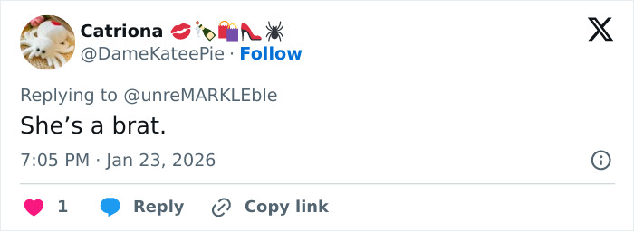 Screenshot of a tweet showing a reply reading she’s a brat amid Victoria Beckham and Nicola Peltz feud going viral. Screenshot of a tweet showing a reply reading she’s a brat amid Victoria Beckham and Nicola Peltz feud going viral.