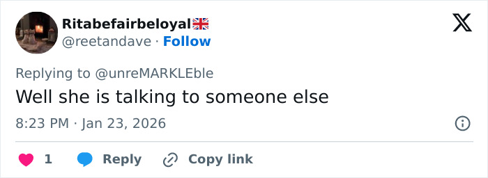 Twitter reply from user Ritabefairbeloyal saying "Well she is talking to someone else" amid Victoria Beckham and Nicola Peltz brat feud viral tension. Twitter reply from user Ritabefairbeloyal saying "Well she is talking to someone else" amid Victoria Beckham and Nicola Peltz brat feud viral tension.