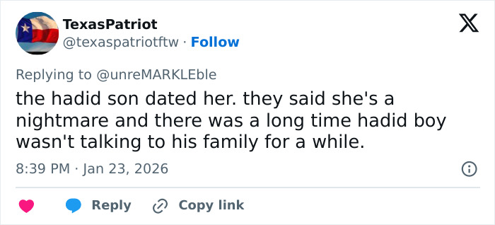 Screenshot of a Twitter reply discussing a feud and calling someone a brat in the tense exchange between Victoria Beckham and Nicola Peltz. Screenshot of a Twitter reply discussing a feud and calling someone a brat in the tense exchange between Victoria Beckham and Nicola Peltz.