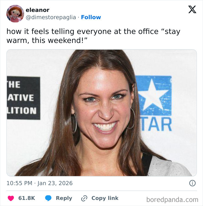 Smiling woman with long brown hair expressing the funny vibe of internet humor this January in an office setting.