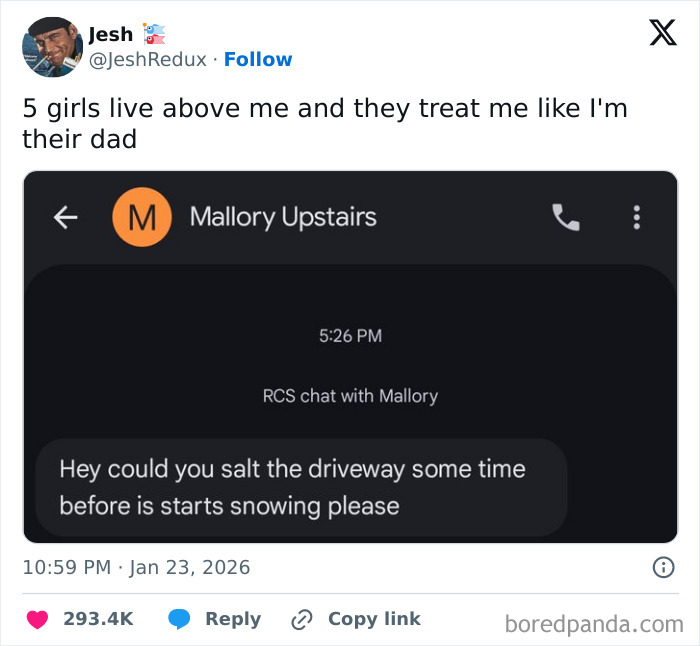 Screenshot of a funny text message about salting the driveway, featured in internet humor posts from January.