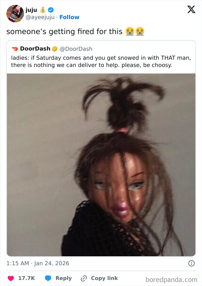 Tweet showing a funny doll with messy hair, part of the internet got way too funny moments this January.