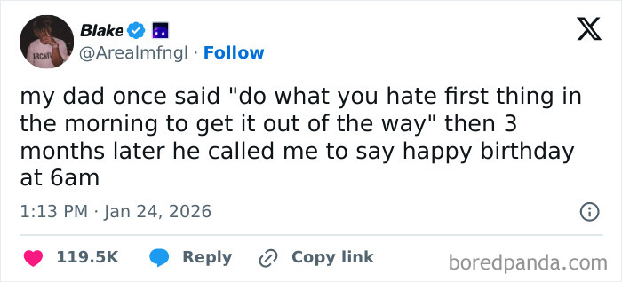 Screenshot of a humorous tweet about a dad’s early morning birthday call, illustrating internet funny moments January.