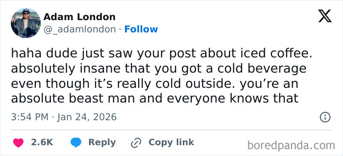 Screenshot of a funny tweet about iced coffee during cold weather, showcasing internet humor from January.