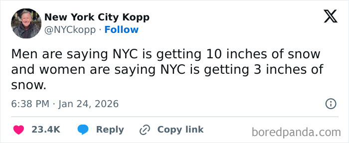 Screenshot of a funny tweet about NYC snow measurements, illustrating internet humor trending in January.