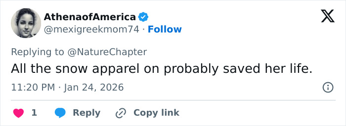 Tweet from user AthenaofAmerica discussing snow apparel likely saving a skier's life during a snow leopard attack. Tweet from user AthenaofAmerica discussing snow apparel likely saving a skier's life during a snow leopard attack.