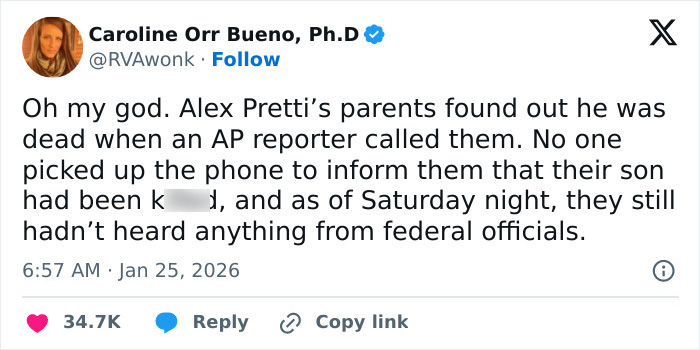 Tweet about Alex Pretti’s parents learning his fate from a reporter with no official government communication.