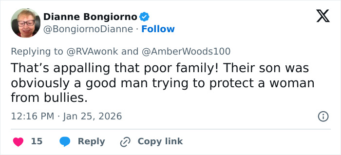 Profile photo of a woman replying on social media about Alex Pretti’s parents learning his fate from a reporter. Profile photo of a woman replying on social media about Alex Pretti’s parents learning his fate from a reporter.