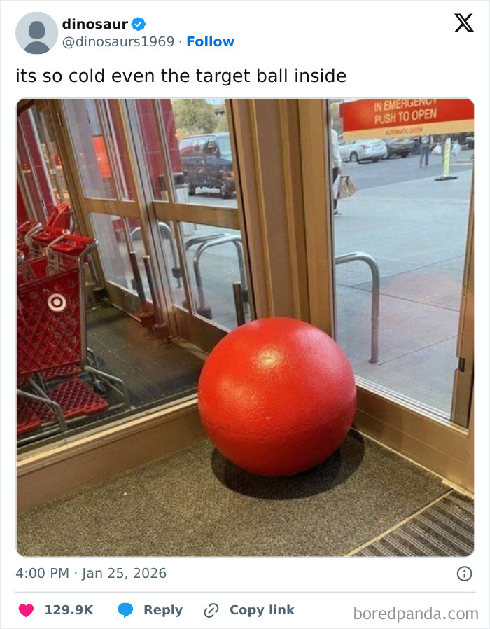 Red target ball inside a store entrance on a cold day, illustrating a funny moment from internet humor in January.