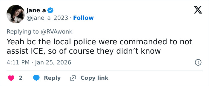 Screenshot of a tweet discussing local police not assisting ICE, related to government response and Alex Pretti’s parents learning his fate. Screenshot of a tweet discussing local police not assisting ICE, related to government response and Alex Pretti’s parents learning his fate.