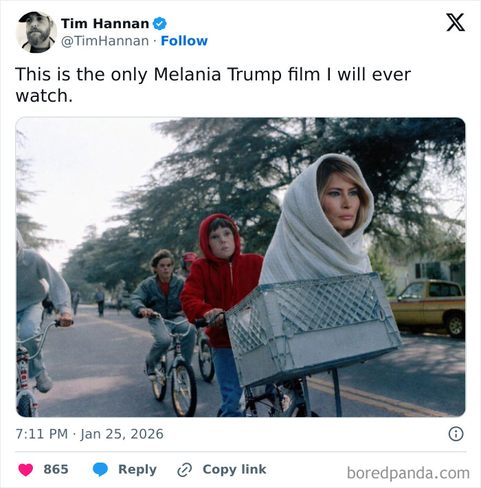 Alt text: Melania Trump meme showing her wrapped in a blanket in a bike basket, highlighting online jokes amid documentary flop.