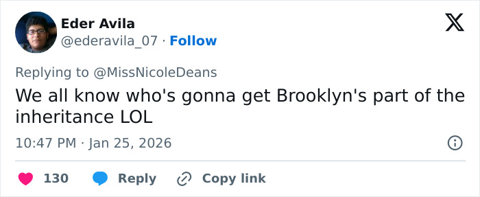 Screenshot of a Twitter reply mentioning Brooklyn amid David Beckham family rift and ongoing crisis. Screenshot of a Twitter reply mentioning Brooklyn amid David Beckham family rift and ongoing crisis.