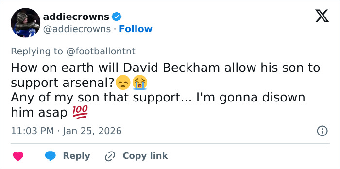 Screenshot of a social media post teasing David Beckham’s son amid ongoing family rift and crisis discussions.