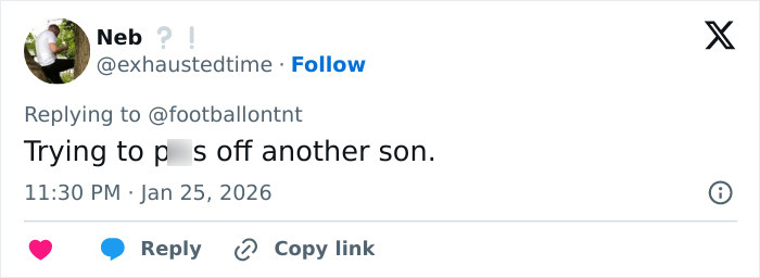 Tweet reply on social media about David Beckham publicly teasing son amid ongoing family rift. Tweet reply on social media about David Beckham publicly teasing son amid ongoing family rift.