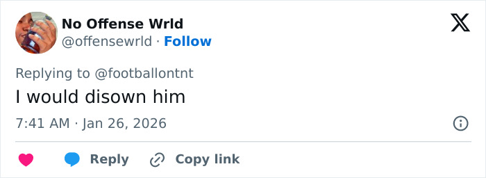 Tweet from No Offense Wrld responding to a football account, commenting amid ongoing family rift involving David Beckham's son. Tweet from No Offense Wrld responding to a football account, commenting amid ongoing family rift involving David Beckham's son.