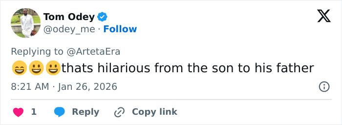 Screenshot of a tweet showing a humorous reply about David Beckham publicly teasing son amid ongoing family rift. Screenshot of a tweet showing a humorous reply about David Beckham publicly teasing son amid ongoing family rift.