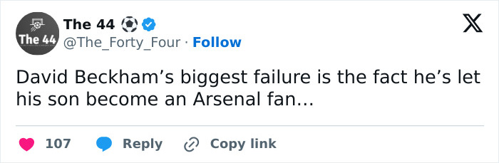 Tweet from The 44 teasing David Beckham about his son becoming an Arsenal fan amid ongoing family rift crisis. Tweet from The 44 teasing David Beckham about his son becoming an Arsenal fan amid ongoing family rift crisis.