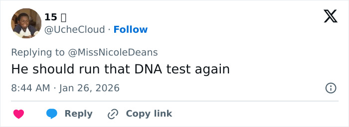 Tweet screenshot showing a user commenting on a family rift involving David Beckham and his son, suggesting a DNA test. Tweet screenshot showing a user commenting on a family rift involving David Beckham and his son, suggesting a DNA test.