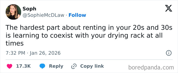 Tweet about the struggles of renting in your 20s and 30s, humorously mentioning coexistence with a drying rack.