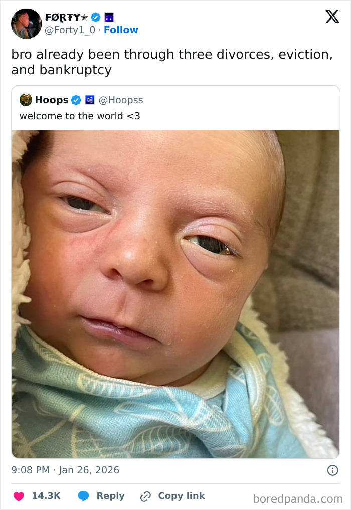 Close-up of a newborn baby with tired eyes, featured in a humorous internet meme from funny moments this January.