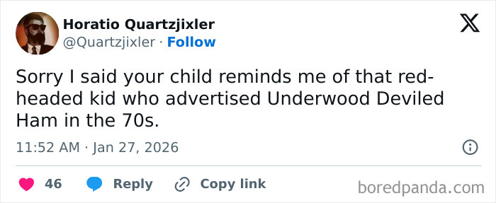 Screenshot of a humorous tweet comparing a child to a red-headed kid from a vintage Underwood Deviled Ham ad.