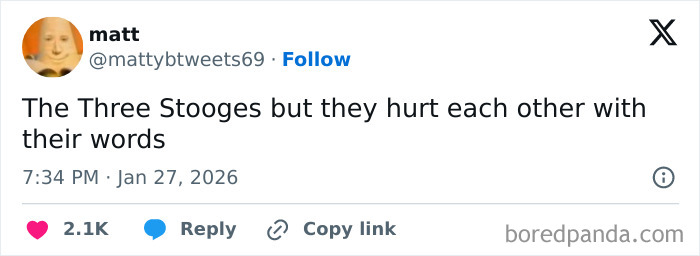 Screenshot of a humorous tweet showing a conversation about The Three Stooges using witty insults, reflecting internet humor.