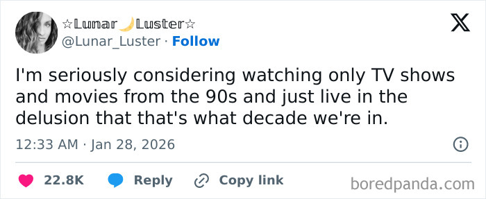 Tweet from Lunar Luster humorously considering watching only 90s shows, capturing moments when the internet got way too funny.