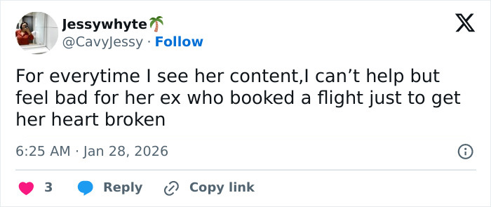 Tweet by user Jessywhyte expressing sympathy for JoJo Siwa's ex amid reactions to her massive transformation.