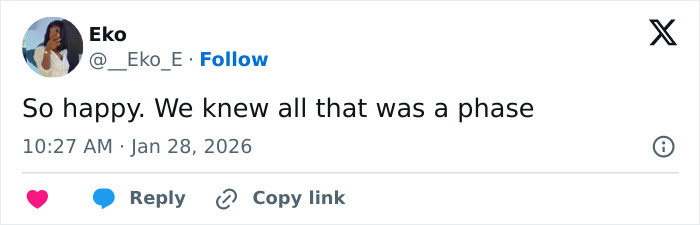 Tweet from user Eko expressing happiness and relief about JoJo Siwa's latest confession and massive transformation. Tweet from user Eko expressing happiness and relief about JoJo Siwa's latest confession and massive transformation.