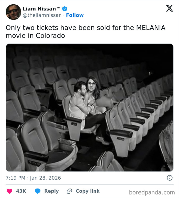 Nearly empty movie theater with only two people attending Melania Trump documentary premiere amid online jokes.