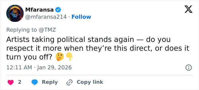 Screenshot of a tweet discussing artists taking political stands, linked to star actor under fire over choosing fans between him and ICE. Screenshot of a tweet discussing artists taking political stands, linked to star actor under fire over choosing fans between him and ICE.