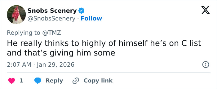 Tweet from Snobs Scenery criticizing star actor under fire over fans choosing between him and ICE.