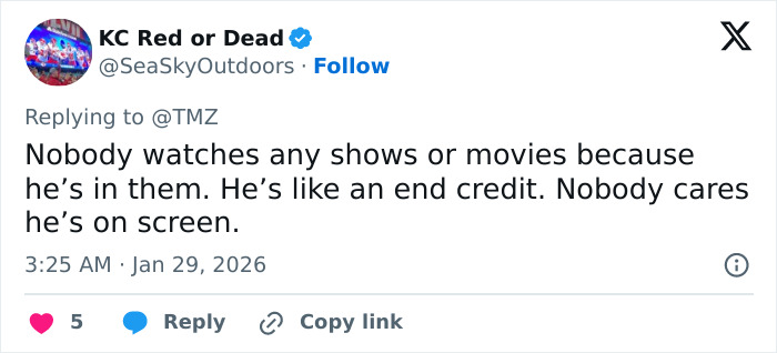 Twitter reply from KC Red or Dead criticizing star actor under fire after telling fans to choose between him and ICE.