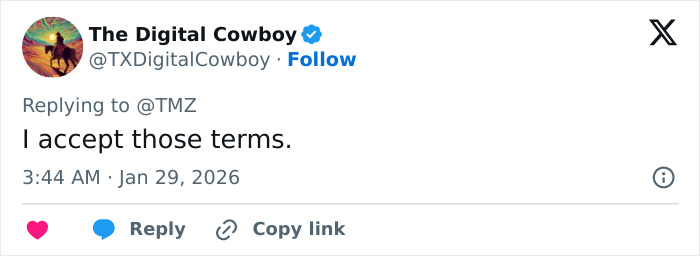 Screenshot of a tweet from a star actor saying "I accept those terms" amid controversy with fans over ICE. Screenshot of a tweet from a star actor saying "I accept those terms" amid controversy with fans over ICE.