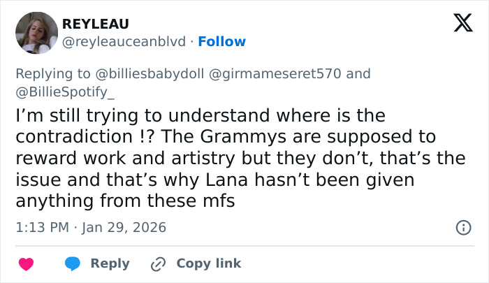 Social media user expressing frustration about Grammy snubs and the impact on artists and fans. Social media user expressing frustration about Grammy snubs and the impact on artists and fans.