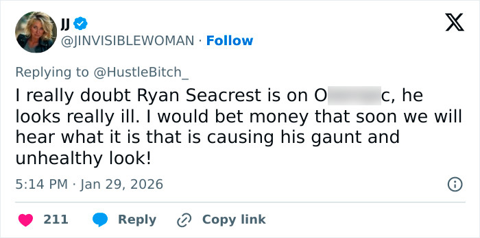 Tweet expressing concern about Ryan Seacrest's extremely skinny look and unhealthy, gaunt face trending in Hollywood. Tweet expressing concern about Ryan Seacrest's extremely skinny look and unhealthy, gaunt face trending in Hollywood.