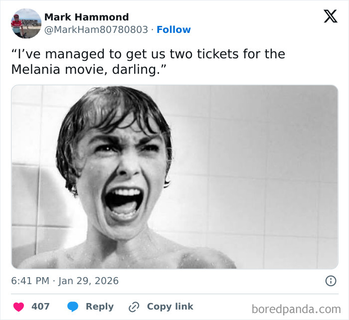 Black and white meme showing a woman screaming in shower, related to Melania Trump roasted with memes amid documentary flopping.