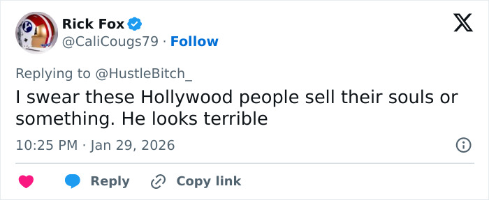 Screenshot of a tweet expressing concern over Ryan Seacrest’s extremely skinny facial appearance as a growing Hollywood trend.