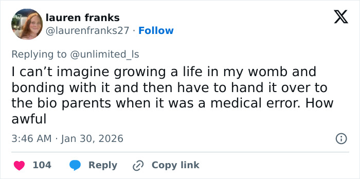 Twitter user expresses shock over fertility clinic mix-up causing parents to deliver another couple’s child due to medical error.