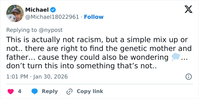 Tweet screenshot showing a user discussing a fertility clinic mix-up involving delivery of another couple’s child.
